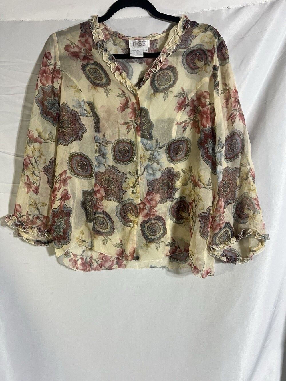 Tess Studio 100% Silk Vintage Women's Shirt Ecru Floral Sheer Button Up Sz 10